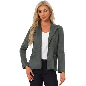 Faux Suede Casual Blazer Lapel Collar Work Office Dark Grey